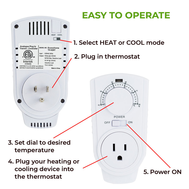 White Universal Plug-In Adjustable Thermostat for Heating & Cooling