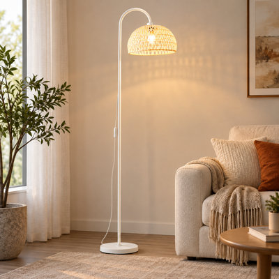 12 Inch White Rattan Modern Floor Lamp with Flexible Curved Arm for Cozy Living Room and Reading Corner Ambiance