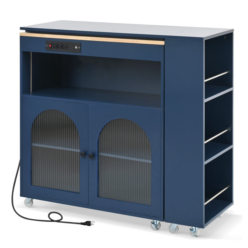 Navy Blue Rolling Kitchen Island with Extended Dining Table, Mobile Kitchen Cart with Power Outlets, LED Lights & Fluted Glass Doors