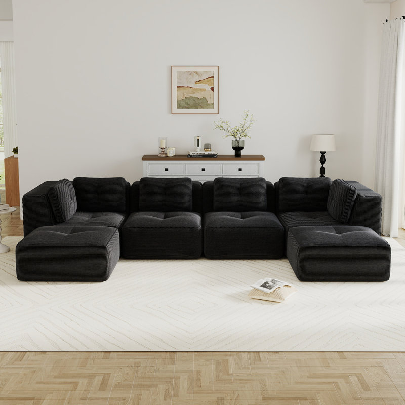 Canapé modulaire en U en velours côtelé 6 pièces avec 2 repose-pieds, conception capitonnée, sans assemblage, Noir