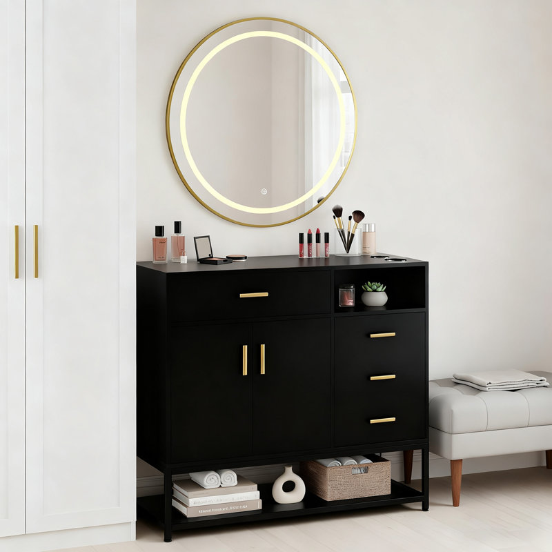 Armoire de salon autoportante avec miroir à DEL, coiffeuse tout-en-un, Noir