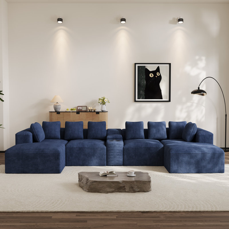 Boneless 143"W 5 - Piece No Assembly Required Sectional Sofa With Chaises, Console & Cup Holder, Blue