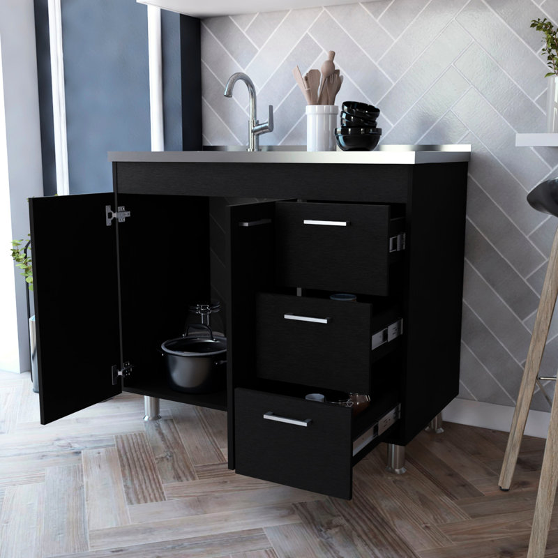 Armoire de cuisine noire - 3 tiroirs et 2 portes pour une utilisation efficace de l'espace 3 rangements pratiques à 2 portes