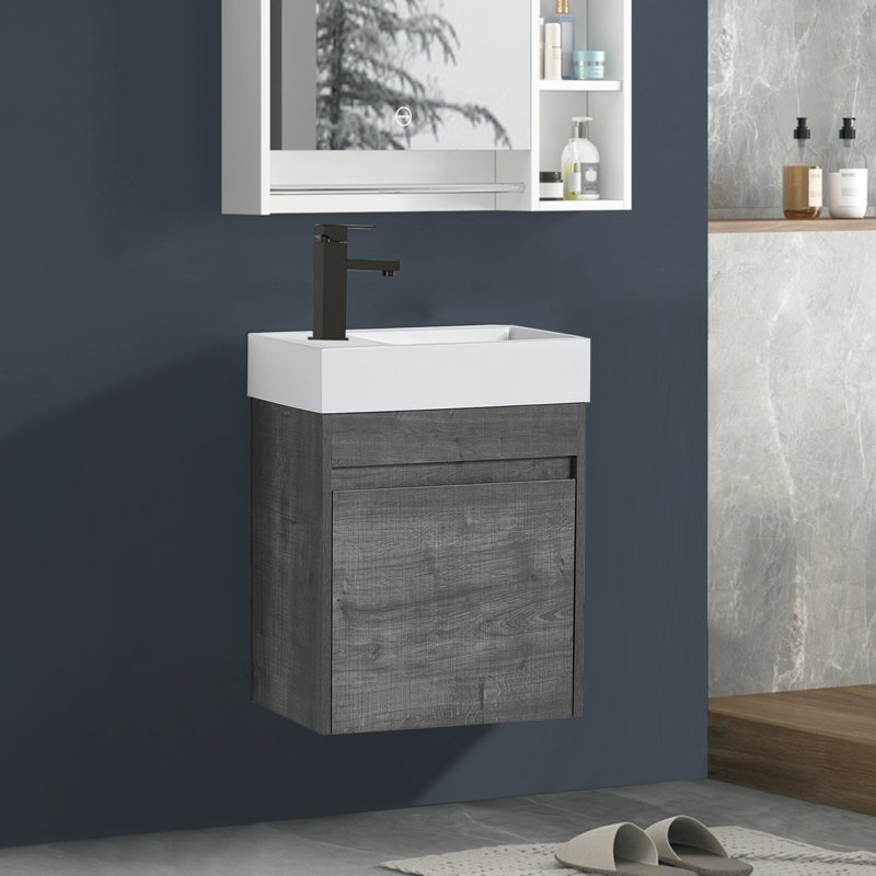 Armoire de salle de bain murale 18 po avec lavabo en résine, meuble-lavabo flottant pour petits espaces, Gris carreauté