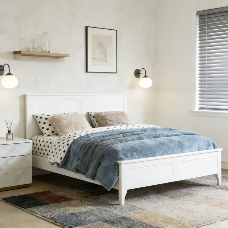 Modern Solid Wood Platform Bed, White, Queen