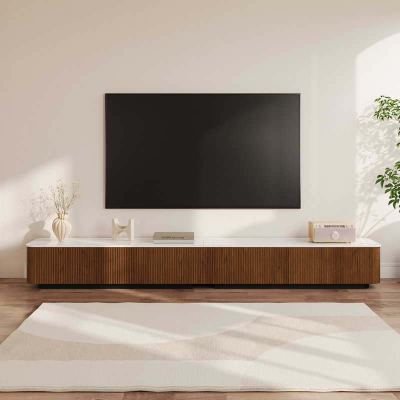 94.5" Brown Wood Patchwork Marble Countertop TV Storage Cabinet, 4 Drawers, 94.4", Brown