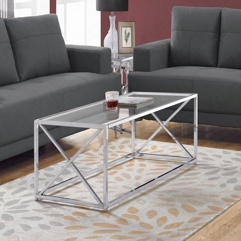 Table basse rectangulaire 44 po en verre trempé transparent et métal chromé