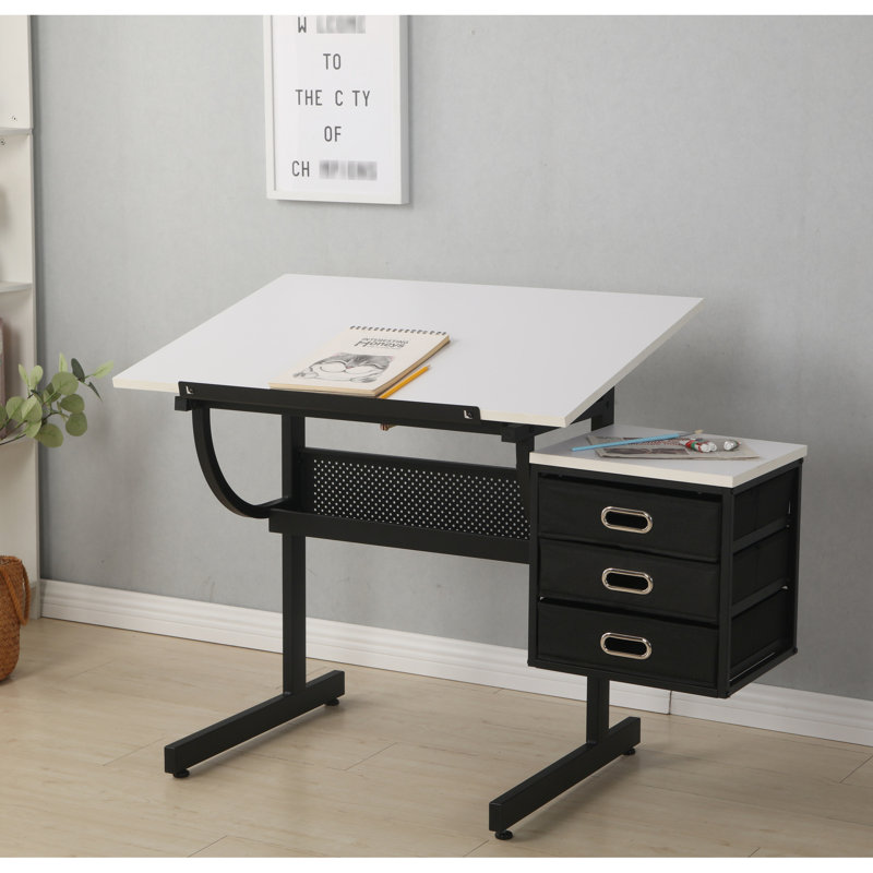Table de travail blanche avec 3 tiroirs et tabouret, réglable pour diverses fins artistiques et de bureau