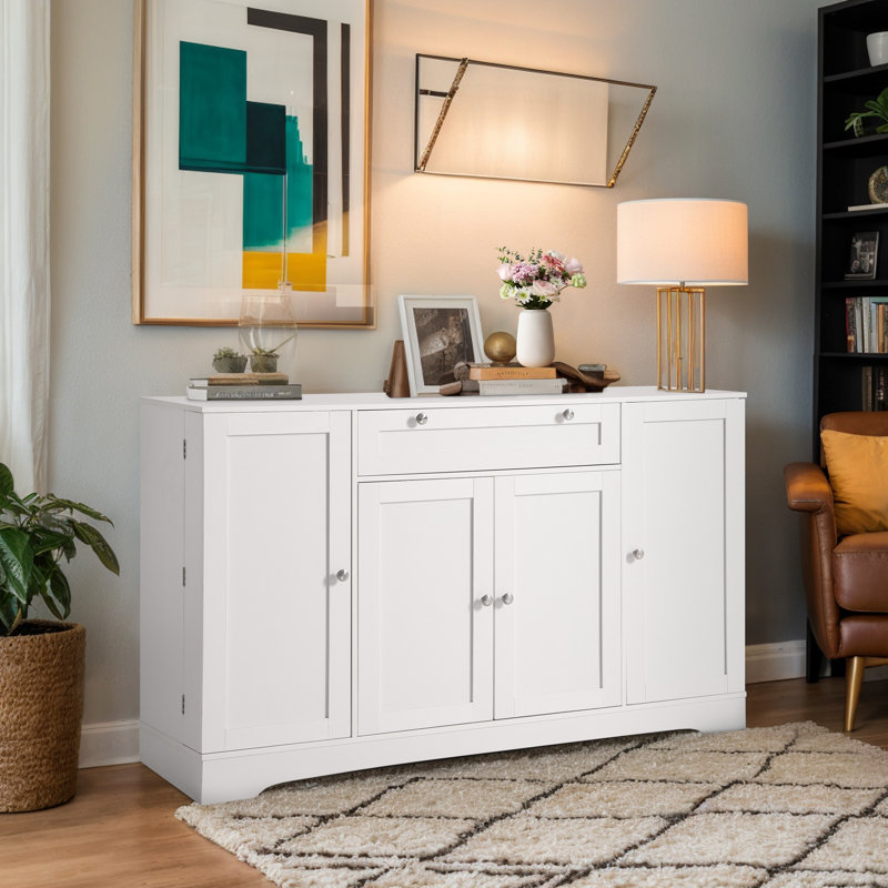 Buffet moderne de 54 po avec rangement, buffet en bois avec tiroir, meuble-bar avec portes et tablettes rÃ©glables, blanc
