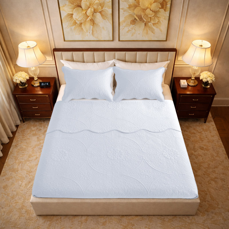 Floral Embossed Microfiber Quilt Set Pre-Washed  Soft Bedspread, White, Queen Bedspread + 2 Standard Pillowcases