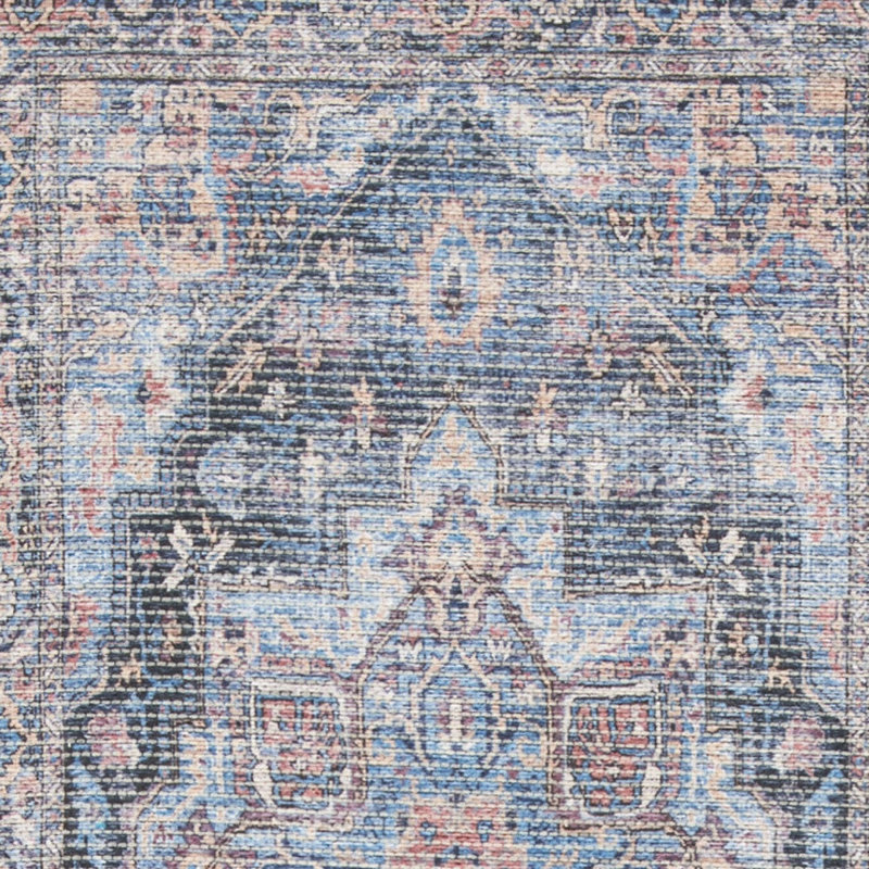 Tapis en polyester lavable à la machine Medallion en bleu clair / orange / gris, Tapis de couloir 2 pi x 6 pi