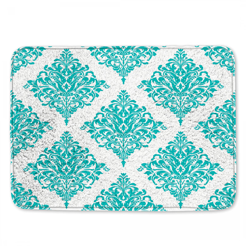 Tapis de bain turquoise à motif damassé, 34in W x 21in L