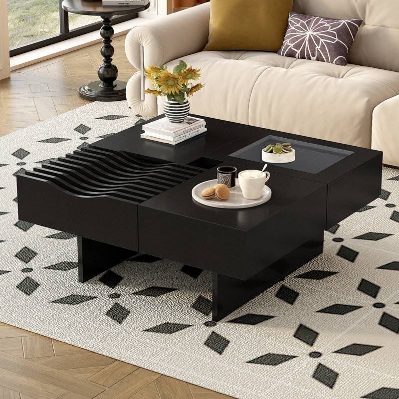 Mid Century Modern Coffee Table,Unique Square Wooden Coffee Table With 3 Drawers, Tempered Glass And Solid Wood Legs For Living Room