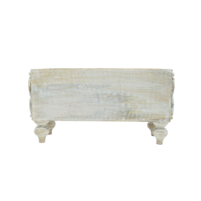  Carved Footed Bin Whitewashed Wood