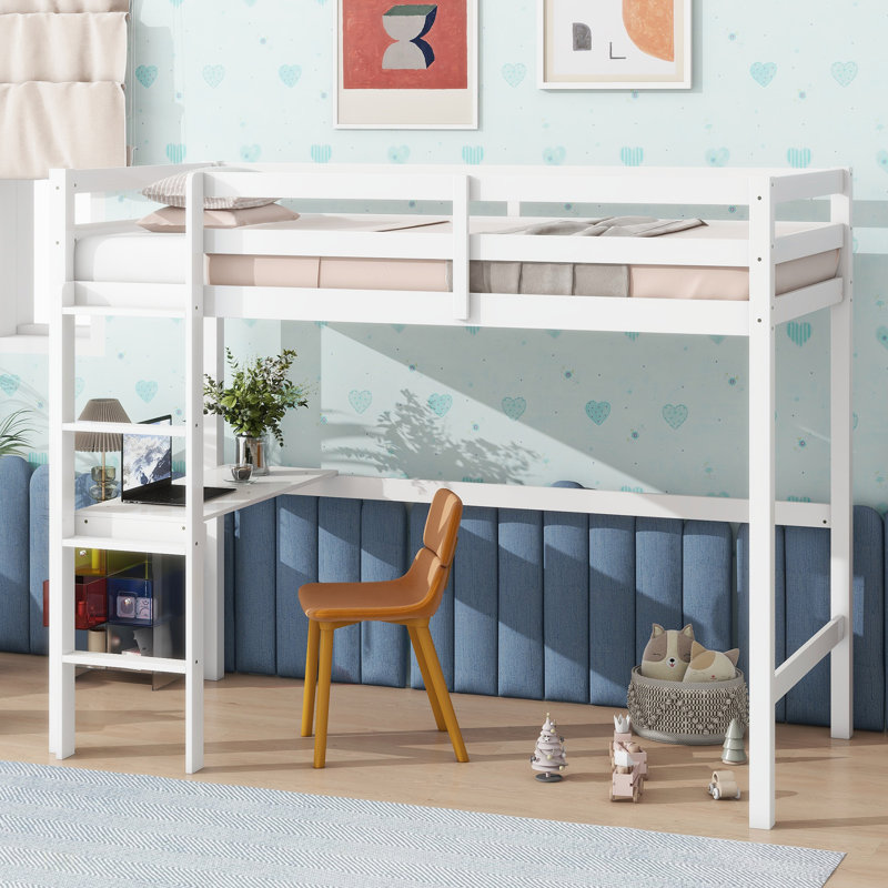 Lit mezzanine simple avec bureau intégré, échelle et barrière de sécurité, blanc, idéal pour les espaces d'étude et de loisirs