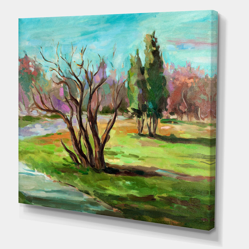 Deux arbres éloignés dans un paysage vert - peinture sur toile, H 16 po x l 16 po x P 1 po, Toile tendue