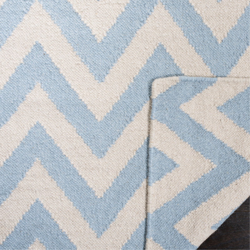 Tapis bleu / ivoire en laine et coton tissé à la main Rodgers, Tapis de couloir 2 pi 6 po x 10 pi