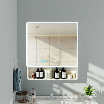 LED Bathroom Medicine Cabinet with Anti-Fog Mirror, Wall-Mounted Aluminum-Plastic Storage Cabinet with Open Shelf, Touch Control, Recessed or Surface Mount
