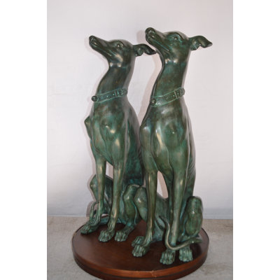 Elegant Pair of Greyhound Dogs Bronze Statue - Thedford Hand-Cast Garden Statue, 12"L x 12"W x 35"H