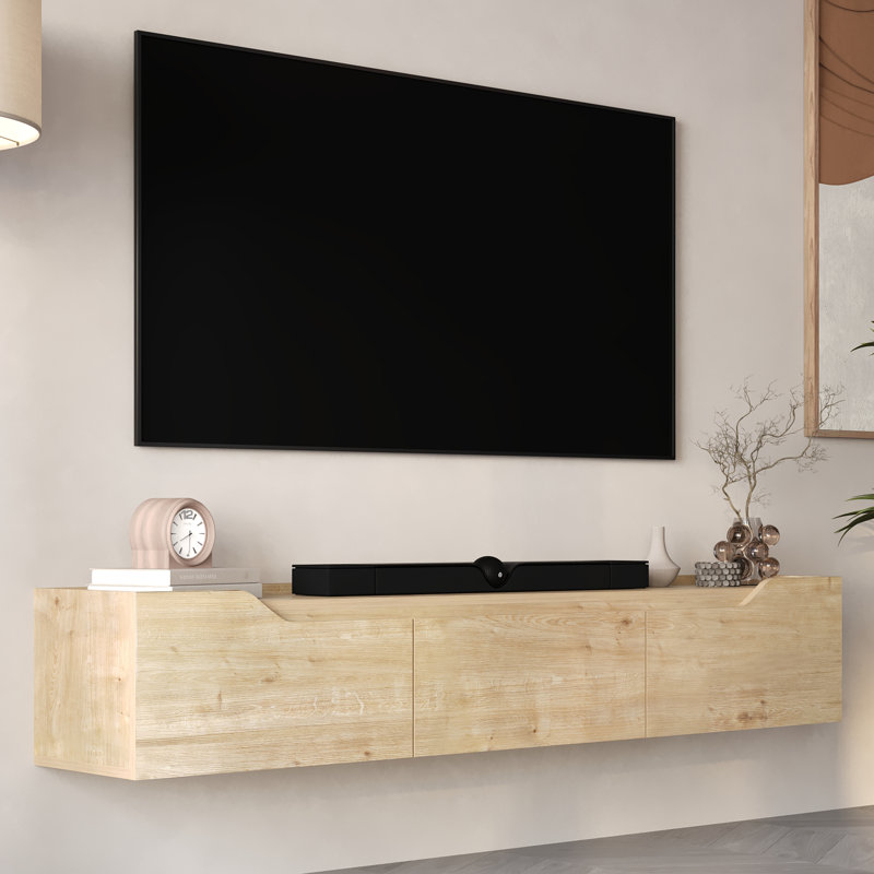Newa Modern Floating Tv Stand With 3 Cabinets, Fits Tvs Up To 80”, Oak