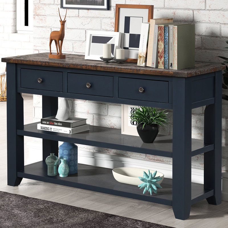Table d'appoint moderne en bois de pin massif avec 3 tiroirs de rangement et 2 tablettes, conception de style rétro, entrée facile à assembler de 48 po, apparence attrayante