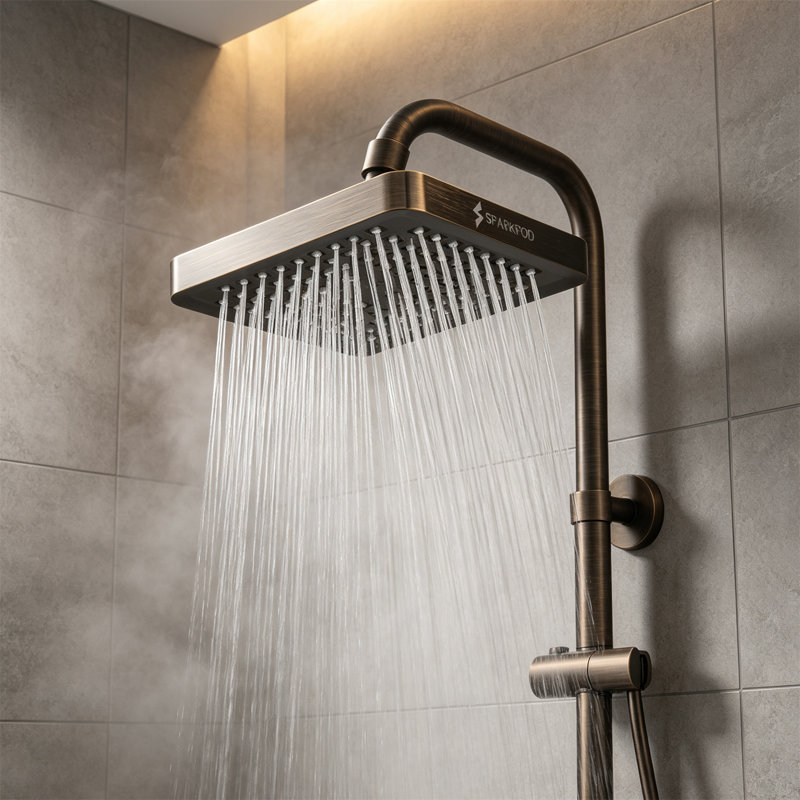Pommeau de douche effet pluie – Carré de 15 cm, finition or égyptien luxueux, jet haute pression à 90°, angle réglable, installation sans outil, raccord universel