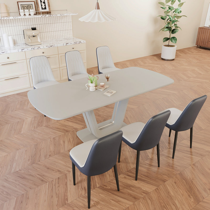 Ensemble de table de salle à manger extensible de 62,99 à 78,74 po pour 2 à 8 personnes, équipé de 6 chaises de salle à manger rembourrées en tissu polyuréthane épais, d'une table de salle à manger spacieuse, d'une table et de chaises de cuisine, avec des pieds en U