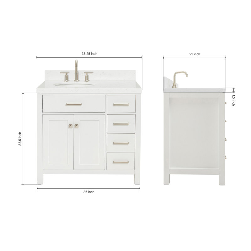 5_ARIEL Bristol 36 Single Sink Bathroom Vanity with Carrara White Quartz, White, Oval, 36"