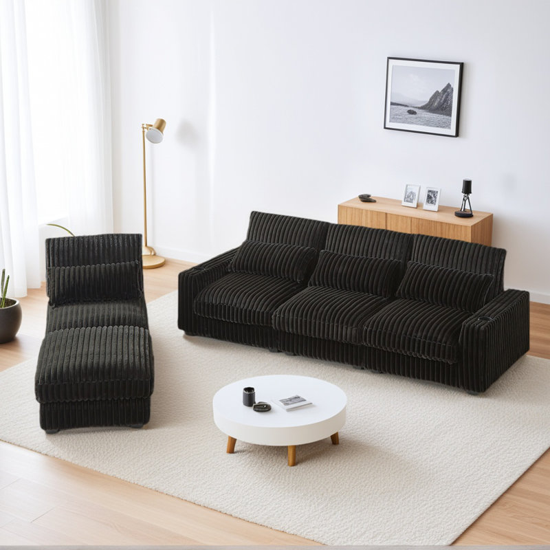 L-Shaped Corduroy Modular Sectional Sofa Couch with Movable Ottoman, Black Corduroy