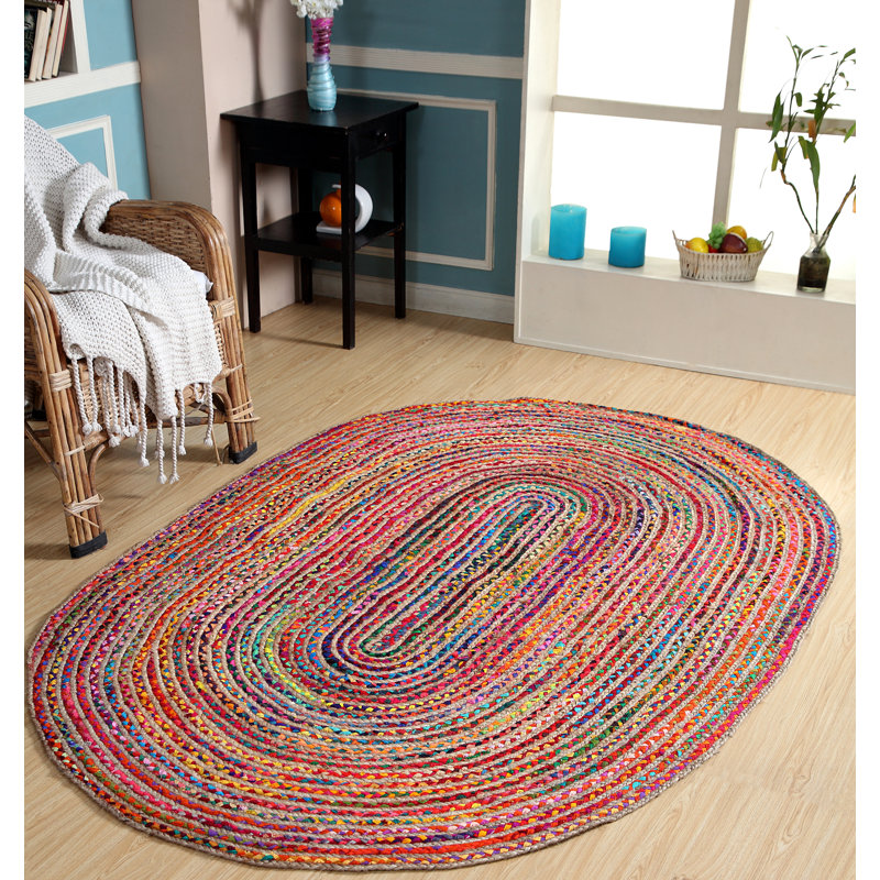 Tapis intérieur / extérieur en coton tressé à la main multicolore, Ovale 5 pi x 8 pi