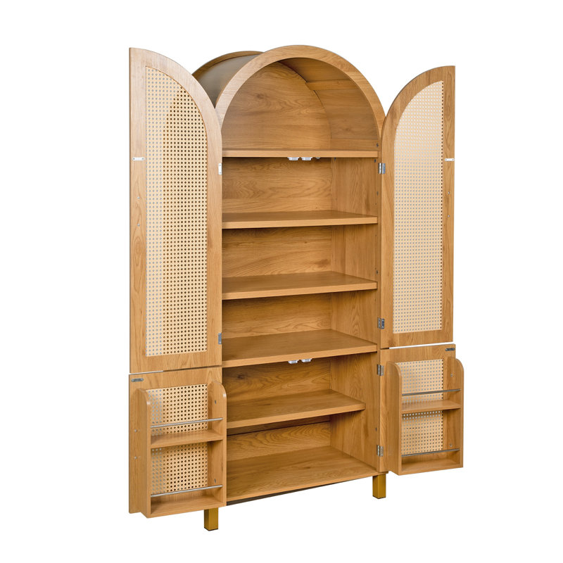 Armoire de rangement cintrée de 180 cm de haut avec portes en rotin et étagères réglables, garde-manger de cuisine de style ferme moderne, finition chêne