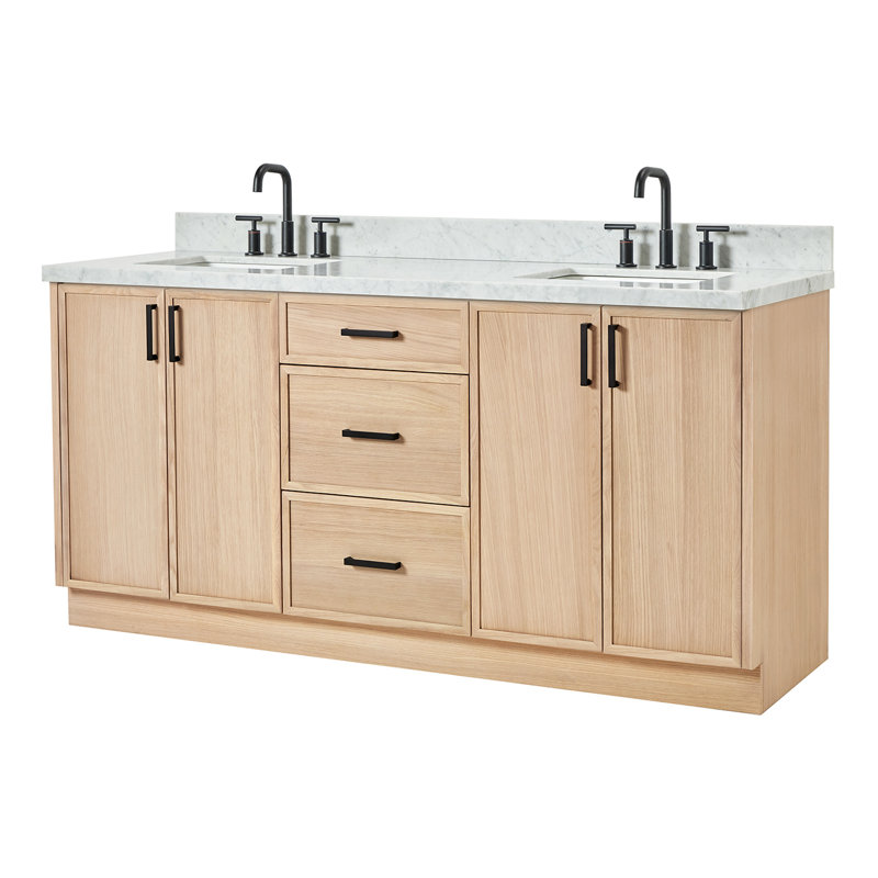 ARIEL Kelly 73 Double Sink Bathroom Vanity with Italian Carrara Marble Top, Oak