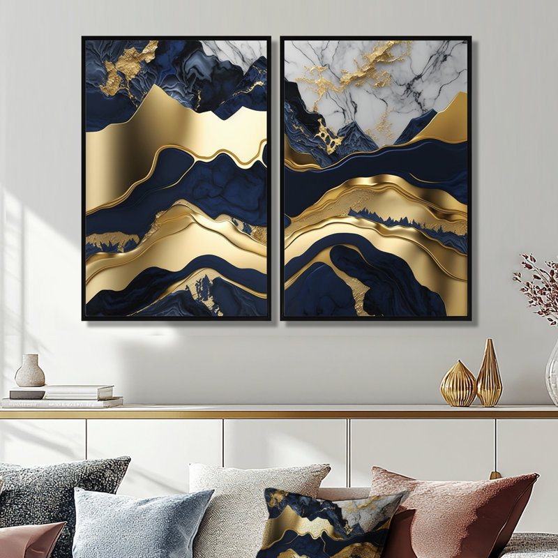 Bleu et or hypnotisant marbre Abstraction I - art mural moderne doré, H 36 po x l 48 po, Impression encadrée flottante, Noir
