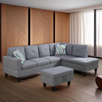 Ensemble de canapé modulaire 103 pièces en lin gris clair 103 po faisant face à droite avec méridienne et repose-pieds avec rangement 103 po Savoy