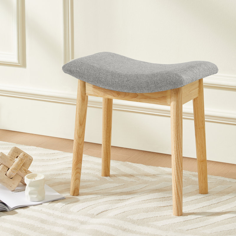 Sowers Solid Wood Accent Stool with Fabric Upholstery, Brown Wood, Gray