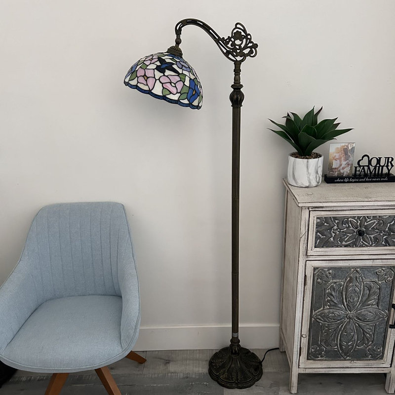 Lampes sur pied Tonsey Tiffany en vitrail rose bleu avec colibri et ampoule à DEL avec col-de-cygne l 20 po x P 12 po x H 63 po