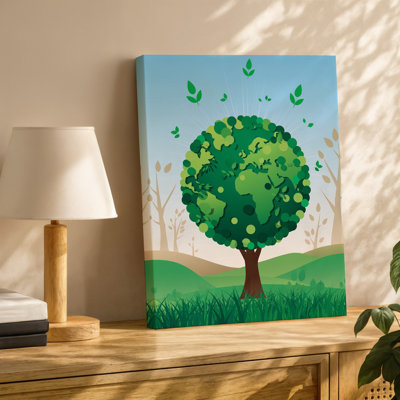 La toile crée une illustration vibrante sur le thème écologique avec un grand arbre d'art mural stylisé avec un auvent en forme de globe composé d'art sur toile