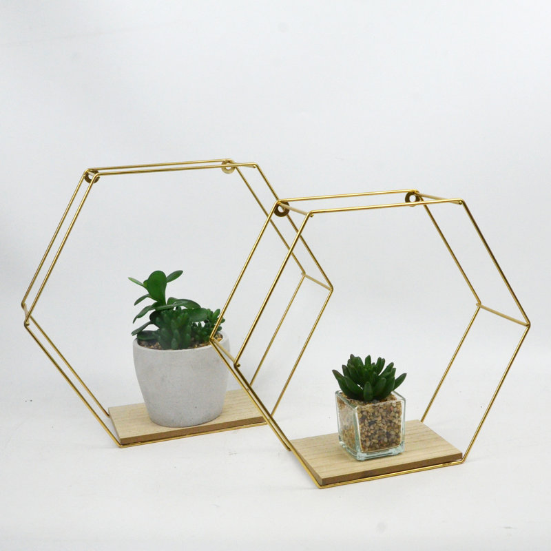 Brandais 2 Piece Hexagon Floating Shelf, Gold