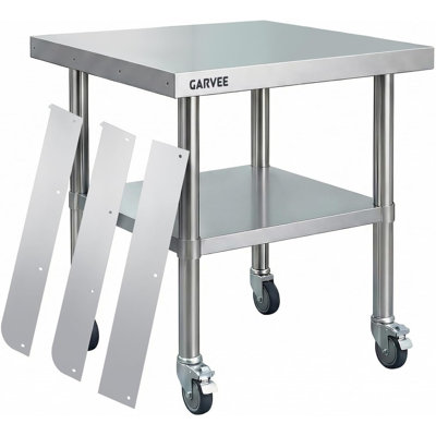 Table de travail de 24 po x 24 po en acier inoxydable avec roulettes, table de préparation commerciale avec dosseret détachable à 3 côtés et tablette réglable en hauteur, établi pour garage de restaurant