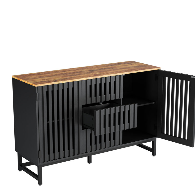 Commode 3 tiroirs 4 tablettes noires, avec grille rayée et métal, pour salon