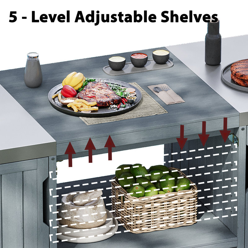 Îlot de cuisine extérieur de 66,5 po - Bois de sapin massif avec plateau en acier inoxydable, support à papier et à épices modulaire, et plateau de table de transport pour barbecue, tiroir spacieux, plusieurs barbecues compatibles