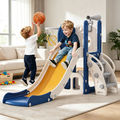 Ensemble de jeux 6 en 1 pour enfants de 1 à 3 ans, avec glissade, structure d'escalade, panier de basketball, télescope et rangement. Peut être utilisé à l'intérieur comme à l'extérieur. Structure pliable et autoportante en PEHD, peut supporter jusqu'à 72 kg.