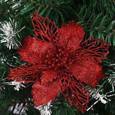 20PCS 3.9Inch Poinsettia Flower Artificial Poinsettia No clips Christmas Decor Glitter Poinsettia Christmas Ornaments Christmas Tree Flower Decorations with Stems DIY Xmas Wreath Holiday Party Decor