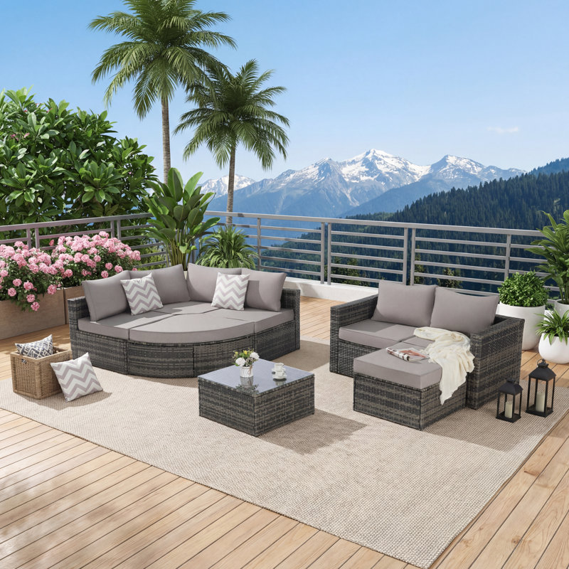 Ensemble de conversation modulaire 8 pièces pour patio en osier avec canapé incurvé, repose-pieds et table en verre pour piscine