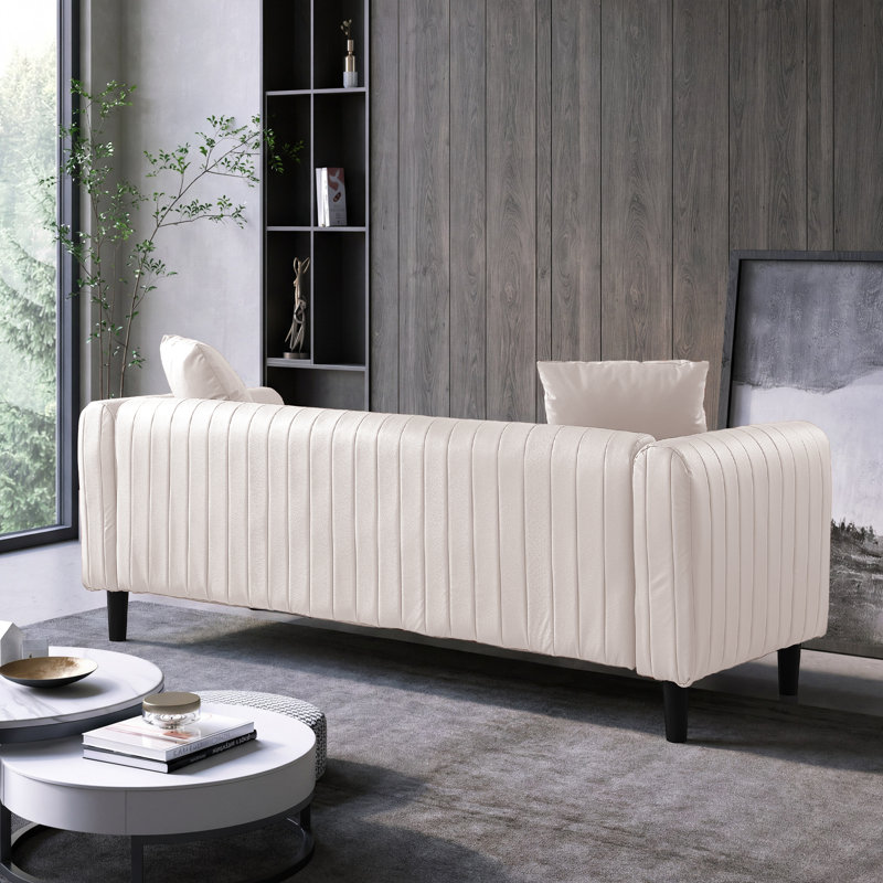 Delana 78.74" Modern Vertical Striped Leather Sofa with 2 Throw Pillows for Living Room, White, White