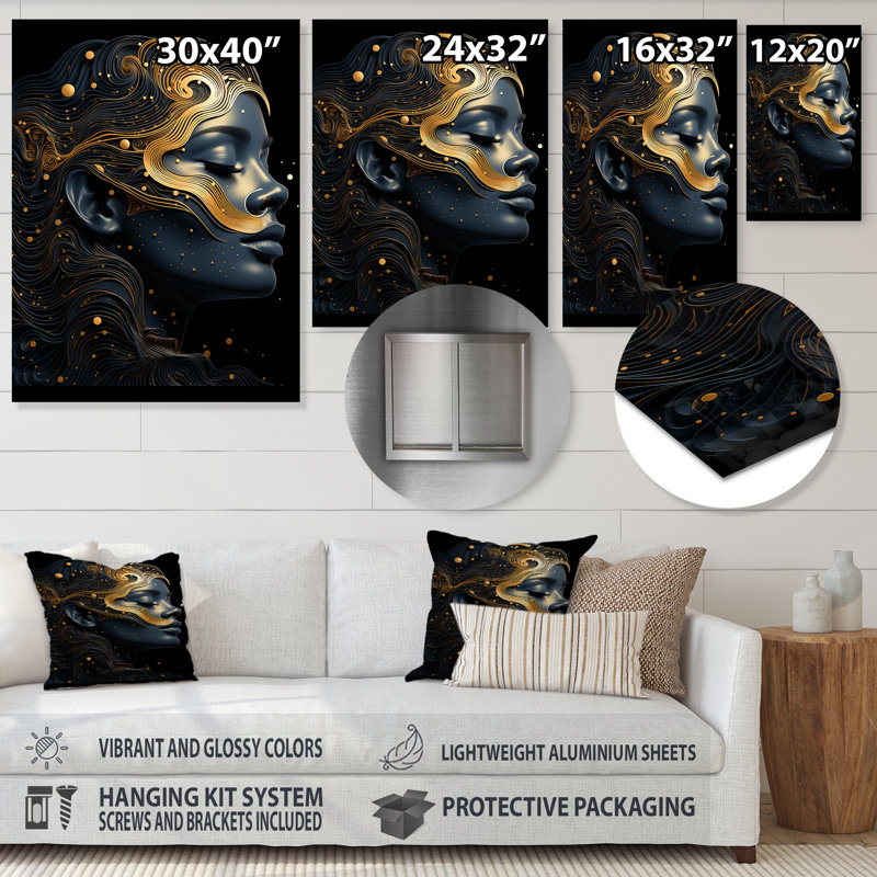 Gold And Black Celestical Woman Portrait V - Fashion Metal Art, H 40 po x l 30 po x P 1,5 po