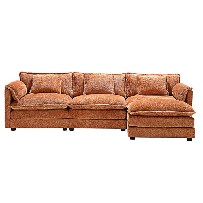 Millan 112" L Shaped Modular Sectional Sofa with Ottoman & Memory Foam, Orange Boucle