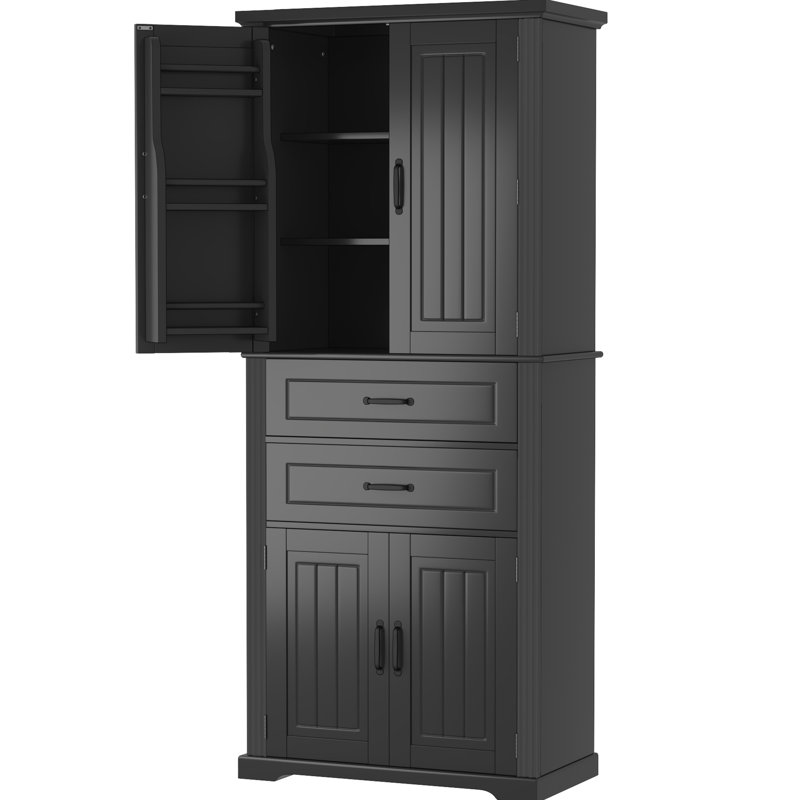 Armoire de rangement noire avec 2 tiroirs et tablette réglable pour le salon, la salle à manger et la cuisine. Finition peinte, poignées en métal, protection contre le basculement idéale pour la cuisine, la salle de bain. Tablette, tiroirs,
