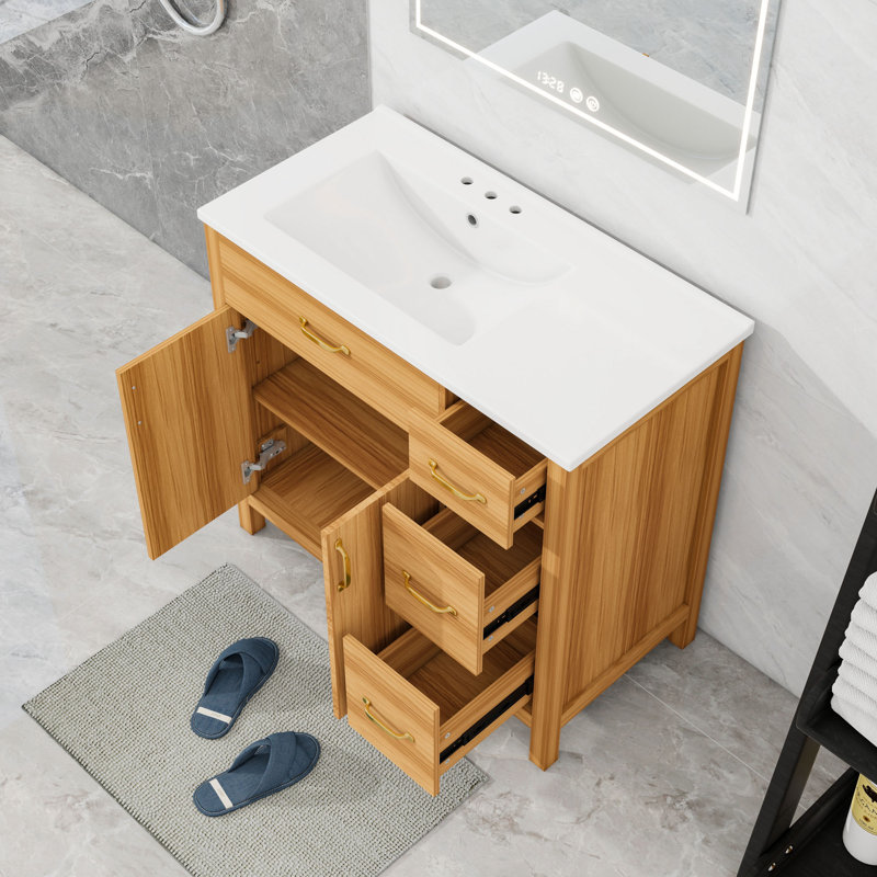 Meuble-lavabo avec lavabo en céramique, 3 tiroirs, portes à fermeture en douceur et tablette réglable