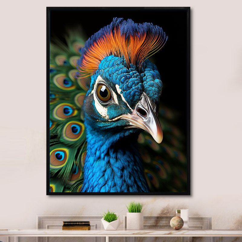 Peacock Animal Protrait - imprimé, L 12 po x H 20 po, Cadre flottant noir